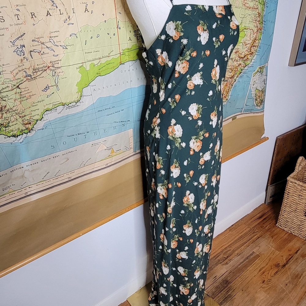 The Workshop Dark Green Floral Maxi Dress Spaghette Straps. Garden Girl Cottage - Picture 3 of 11